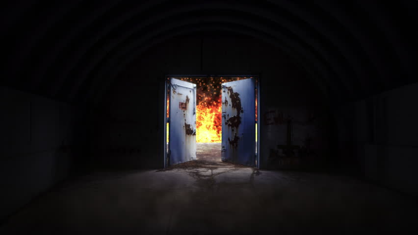 Creepy Bunker Doors Opening to Hellfire, Dark Demonic Horror Scene Zoom In. Eerie rusted metal doors slowly open in a dark underground tunnel revealing a hellish inferno beyond, creating an intensely sinister and demonic atmosphere. Perfect for horror, Halloween, dark fantasy and occult cinematic content.
