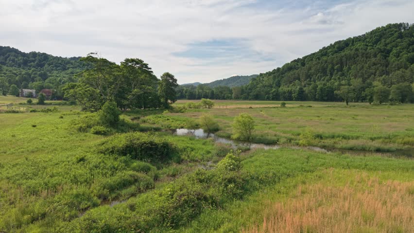 Low aerial drone video of a Valley Stream in Sugar Grove, North Carolina, June 5, 2026. 