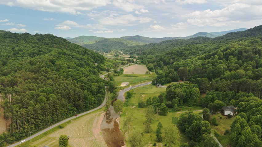 Aerial View of a Scenic Mountain Valley and River in North Carolina