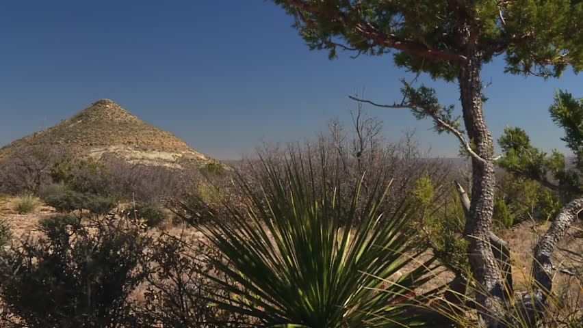 Zoom out shot of The Pyramid surrounded by desert vegetation in Guadalupe Mountains Guadalupe Mountains