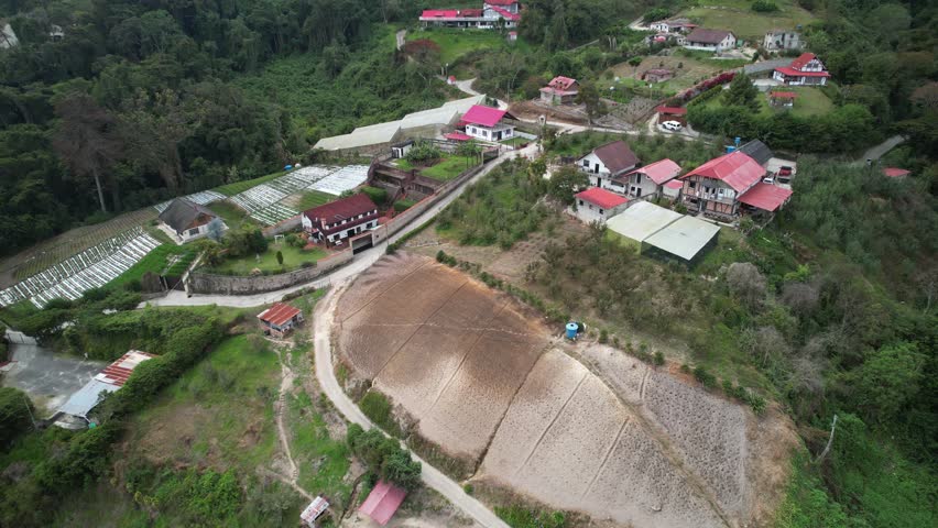 Strawberry and vegetable crops on mountain hacienda, drone establishing overview