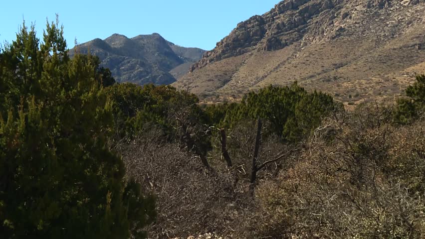 Rocky mountain ridges with desert vegetation, juniper trees, and arid foothills near Guadalupe Mountains National Park, Texas, USA