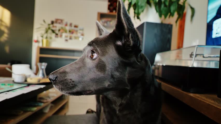 Alert canine eagerly accepts snack while exploring familiar home surroundings