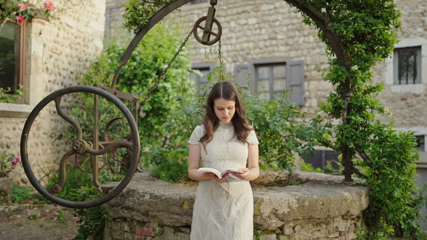Young Woman Reading Near Historic Stone Well in European Village