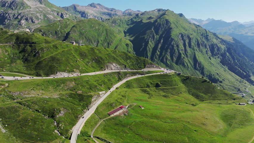 Aerial View of Gotthard Pass Mountain Road and Alpine Landscape Switzerland