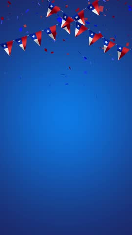 Chilean flags waving with falling confetti on blue background, September 18th celebration, copy space, vertical video, Chile banderines