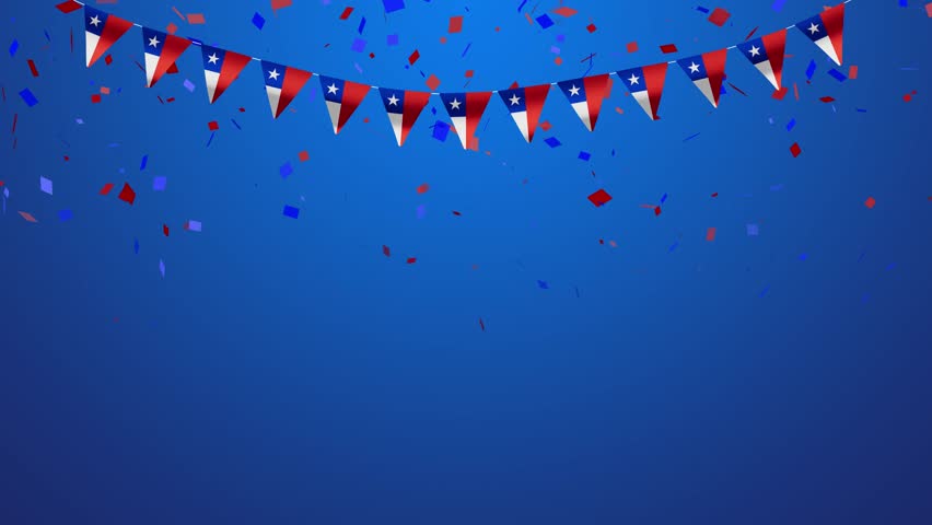 Chilean flags waving with falling confetti on blue background, September 18th celebration, chile banderines