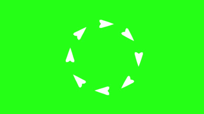 A group of white cursor arrows or stylized paper airplanes travel in a circular path. This flat 2D vector animation is isolated on a chroma key green background for video production layout overlay.