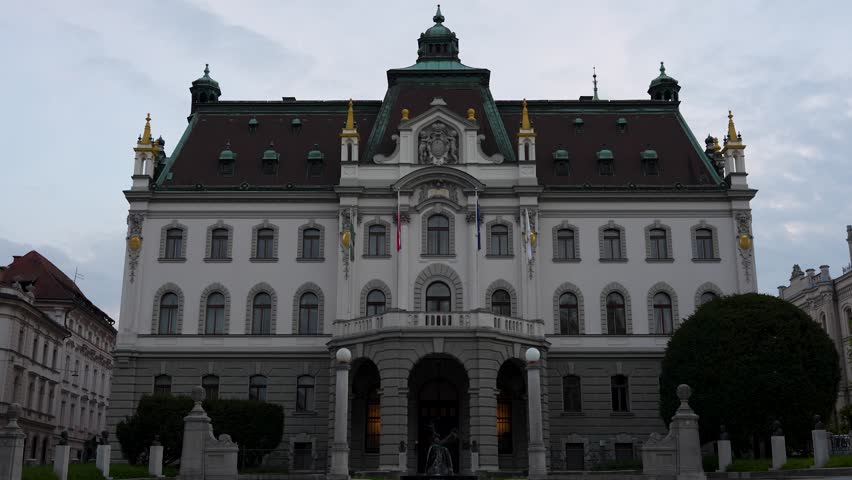 Facade Of The Main Administrative Building Of The University Of Ljubljana In Slovenia. Static Shot