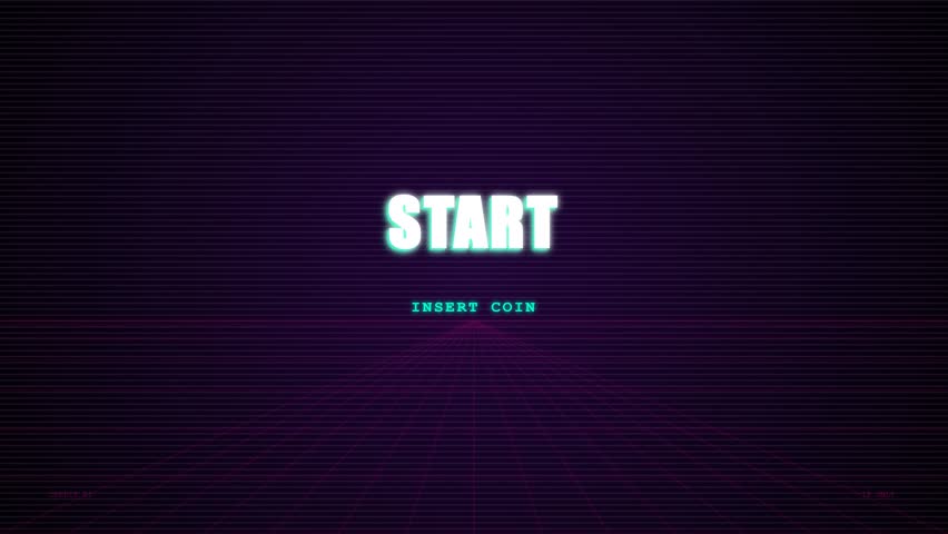 Retro arcade start screen with neon colors and geometrical design