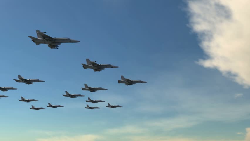 F-18 fighter jet squadron flying in strike formation, showcasing military aviation power, defense operations and aerial combat readiness.