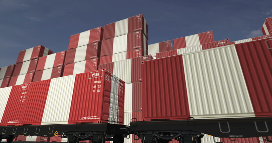 Peru export production and import containers on a freight wagons loop. Business concept of railway train transport and shipping with a Peruvian flag. 3D loopable and seamless animation.