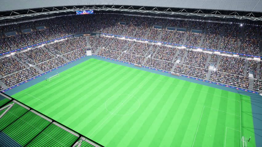 Animated soccer fans wait for a match to start inside a sunny stadium while spectators view the pitch from arena tribunes.
