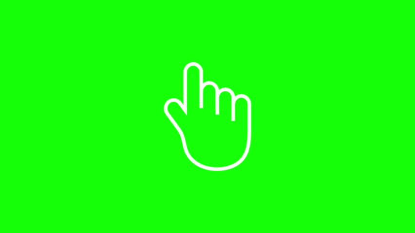 Mouse cursor arrow and hand click icon animation pack on green screen. White flat vector line art interface elements popping up and clicking. Chroma key background video with copy space.