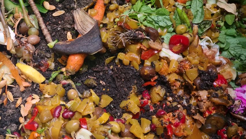 Organic kitchen leftovers collected in a household compost bin, illustrating the circular economy as biodegradable materials break down into nutrient-rich soil for sustainable gardening