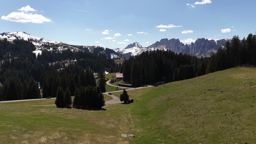 Swiss Alps alpine nature landscape Jaunpass mountain resort, aerial drone above