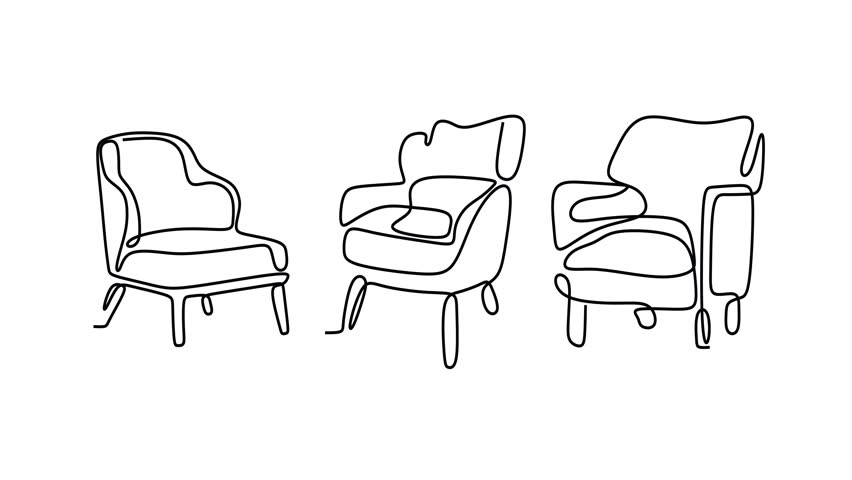 Animated self drawing of continuous line draw of   Line Art Furniture Set Chair, Armchair, and Ottoman.   Full length one line animation. 4K	