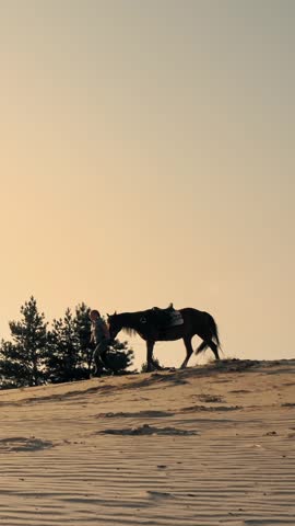 Horse riding. Silhouette of horsewoman, running with a horse, along the horizon of towering sandy hill, at sunset, on sky background and sun rays backlight.