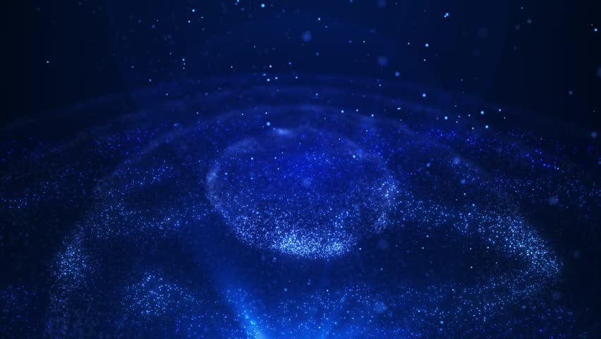 Blue cosmic particle vortex with glowing dust and swirling energy rings. Futuristic galaxy-inspired background for science and technology.