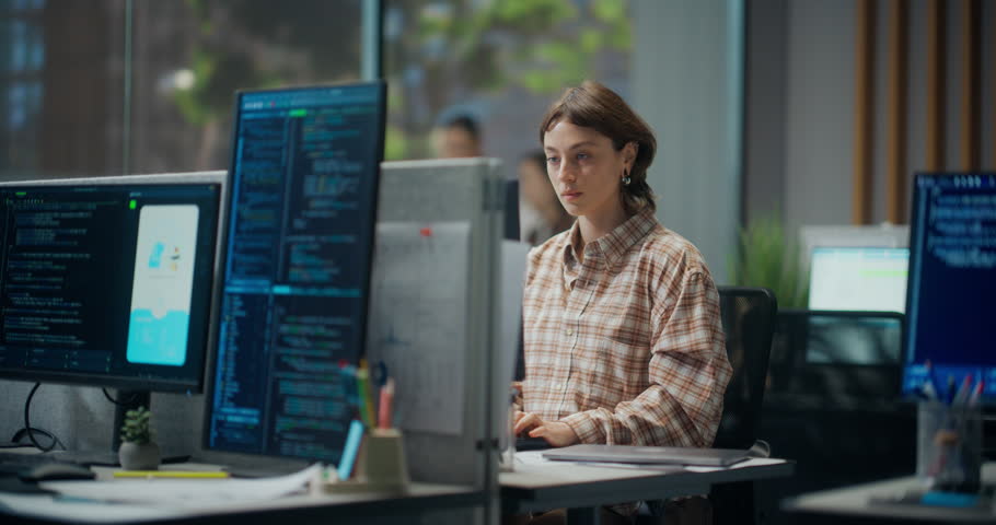 White Female and Male Software Developers Coding on Computers in Modern Office, Programming Mobile App Interface, Building Algorithms and Writing Code on Multiple Screens for Tech Startup Project. Working Using Computer