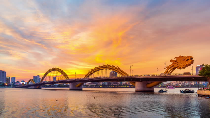 Time lapse of Dragon bridge and traffic in Da nang, Vietnam.