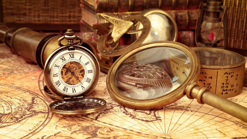 Antique timepieces and discovery tools on historic map.