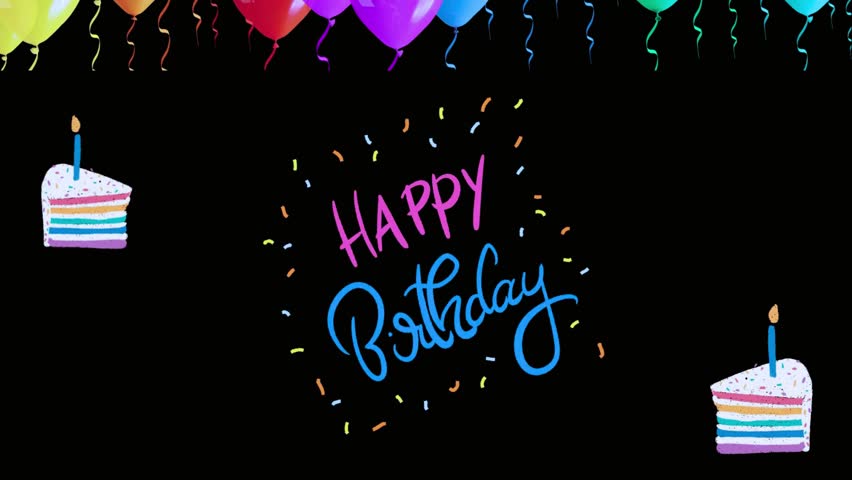 Bright neon happy birthday text with two lit cake slices and confetti on a dark party-themed backdrop.