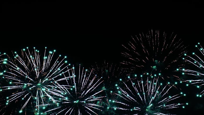 Explosions of colorful fireworks light up dark night sky.