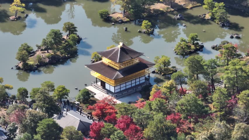Aerial view UNESCO World Heritage Site The Famous Golden Kinkakuji Temple in Kyoto Japan