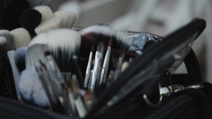 A variety of makeup brushes are neatly arranged in a professional kit. Ideal for beauty tutorials or product reviews.