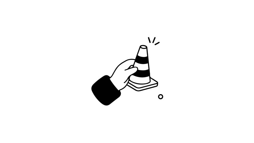 Black and white doodle animation depicts a hand moving a striped traffic cone on a plain background. Ideal for site maintenance or under construction graphics.