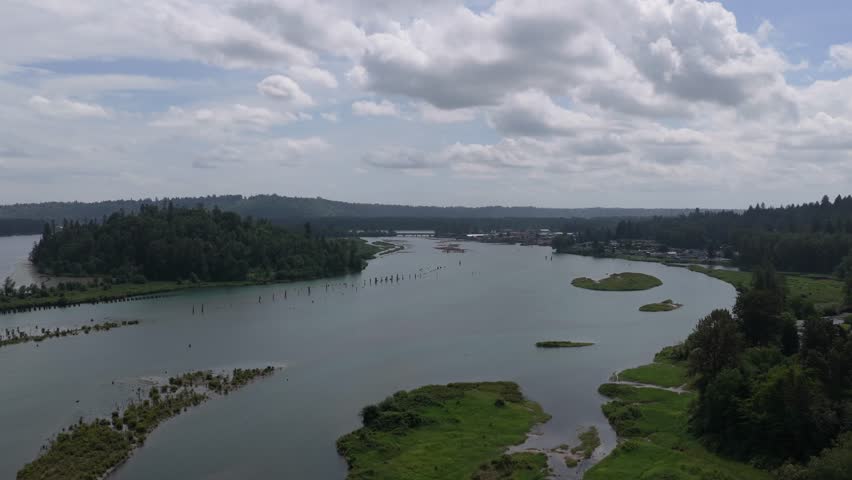 Aerial View of the Serene Fraser River in British Columbia, Canada on a Cloudy Day