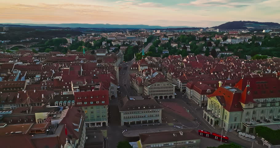 Aerial view over the city of Bern the capital city of Switzerland the historic district from above. Bern old town. The historic buildings in the city center