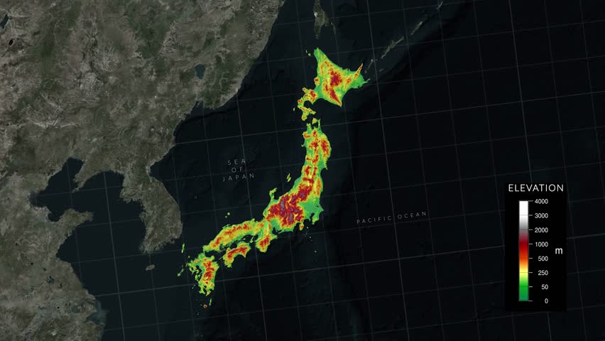 Japan Elevation Topographic Map Animation 4K