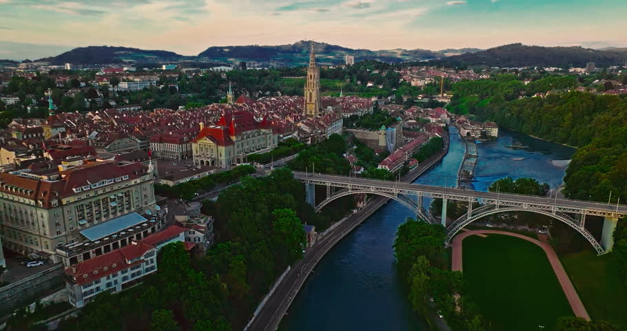 Aerial view over the city of Bern the capital city of Switzerland the historic district from above. Bern old town. The historic buildings in the city center