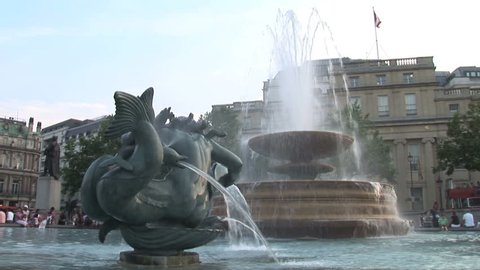 The fountain area of Trafalgar Square, London, England