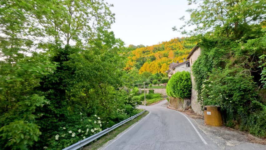 A smooth camera pan follows a curved asphalt road past stone houses and lush greenery.