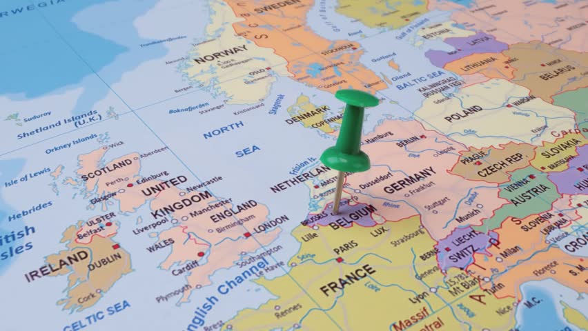 Green pushpin marks Belgium on a detailed political map of Europe.