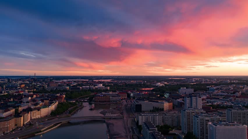 Aerial hyperlapse of dramatic clouds moving over the city of Hakaniemi, Helsinki