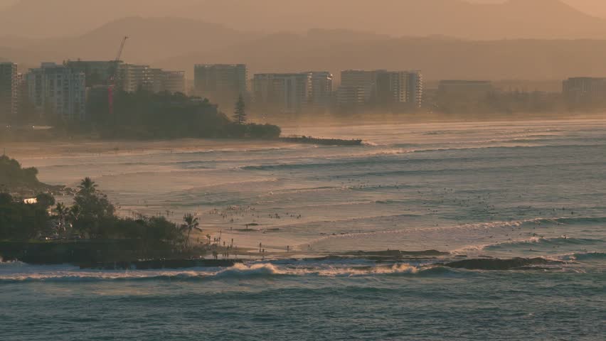 Snapper Rocks And Coolangatta On A Foggy Sunrise In Gold Coast, QLD, Australia. - aerial shot