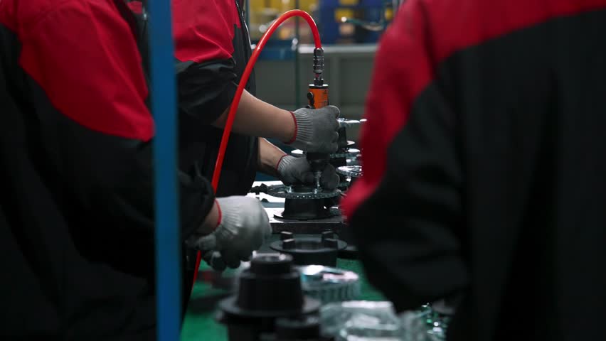 Production Line Operator Uses Electric Torque Wrench for Secure Engine Assembly. Industrial Factory Workshop Handles Heavy Metal Components. Technical Automation Speeds Vehicle Chinese Manufacture 4k
