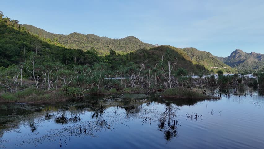A tranquil landscape view of a calm lake with mountain reflections, lush green hills, and a clear blue sky, capturing the serene beauty of nature.