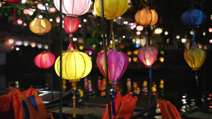 Colorful lanterns glowing at night during the hoi an festival in vietnam.