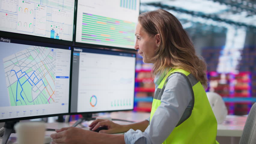 Woman Yawns Tiredly At Computer Screen In Busy Logistics Center.