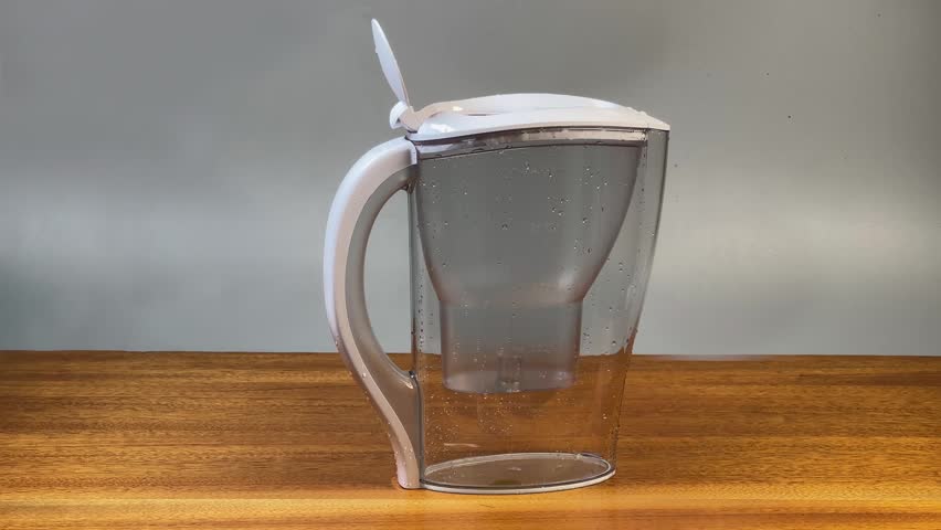 Pouring cold water into empty plastic transparent tap water purifier jug standing on a wooden table
