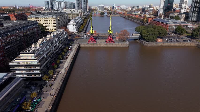 Drone Aerial Reveal of Modern Skyscrapers and Skyline in Puerto Madero Buenos Aires City Argentina