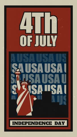 Independence Day Retro Vertical Video – Looping vintage poster animation with Statue of Liberty, skyline silhouette, and bold 4th of July typography. Ideal for stories, and holiday promotions.