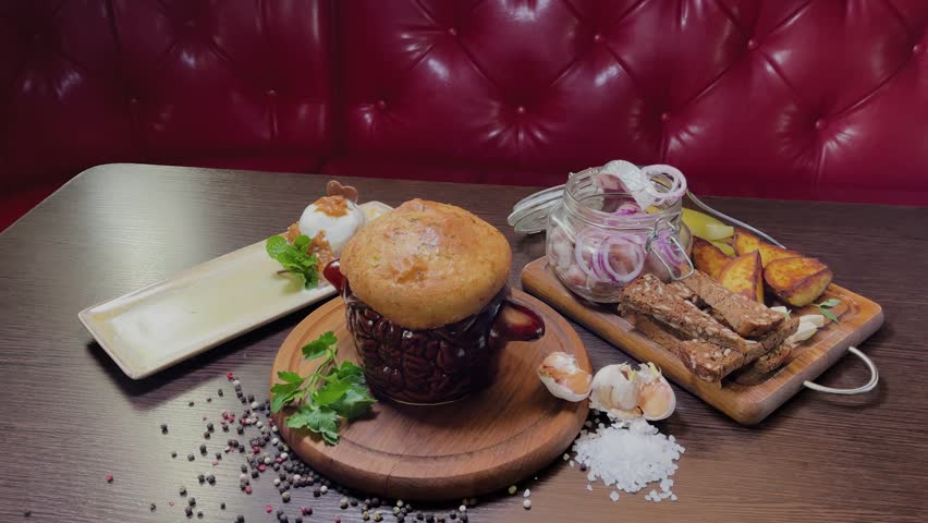 A set of food consisting of herring with onions and appetizers, cast iron with meat and a dough lid and dessert