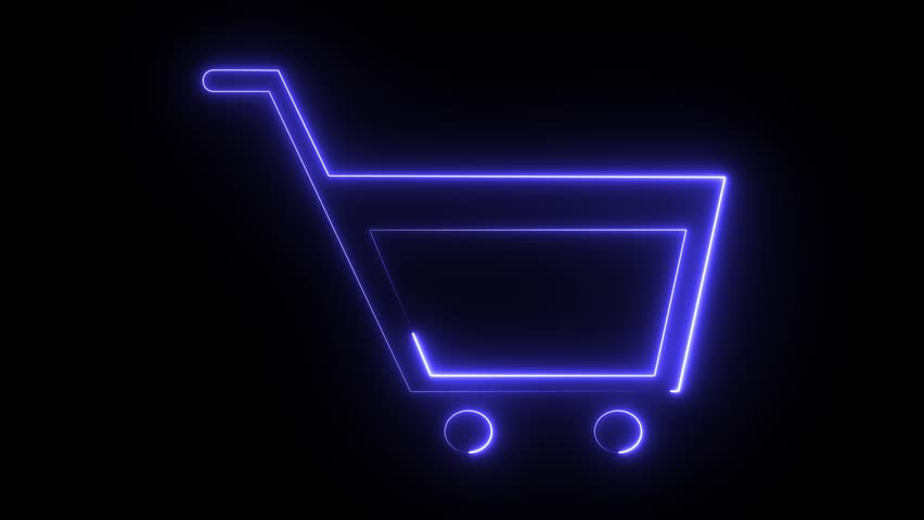 A digital stock illustration of a purple neon glowing shopping cart icon.