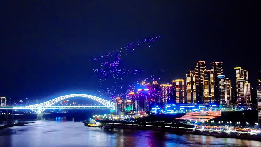 Drone Light Show Over The Confluence Of The Yangtze And Jialing Rivers In Chongqing, China. Aerial Wide Shot